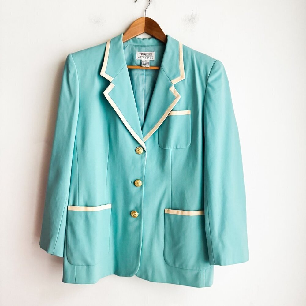 Talbots Petites Blue White Trim All Wool Classic Blazer 14P